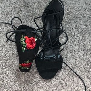 Lace Up Floral Block Heels
